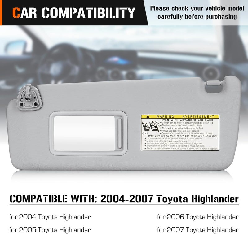 AEagle Sun Visor for Toyota Highlander 2004-2007, Left Driver Side Gray Sunvisor Replacement 74310-48220-a0 - Image 2